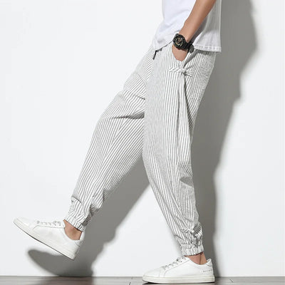RELAXED COTTON-LINEN STRIPED HAREM PANTS