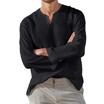 COTTON-LINEN V-NECK PULLOVER SHIRT