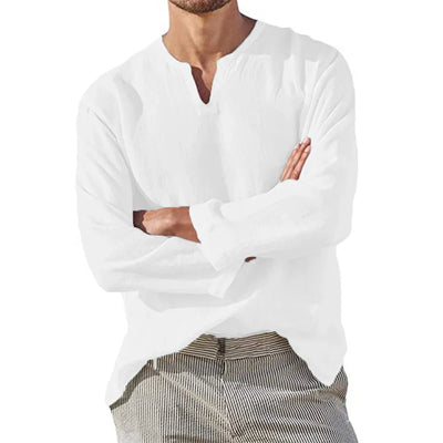 COTTON-LINEN V-NECK PULLOVER SHIRT
