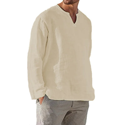 COTTON-LINEN V-NECK PULLOVER SHIRT